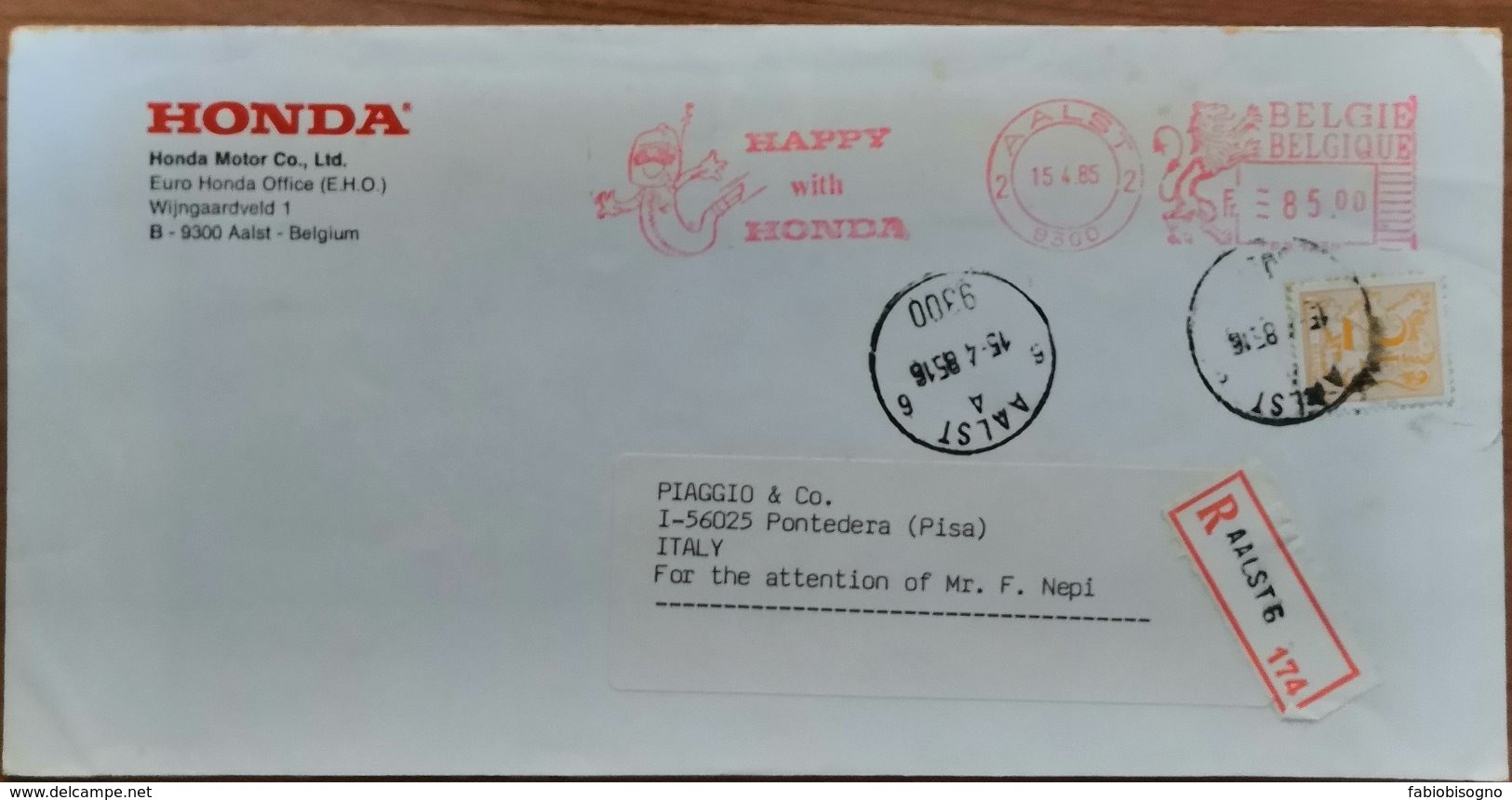 1985 Belgie - Happy With Honda 85.00 -  EMA Meter With Stamp On Registred Cover To Italy (Piaggio Pontedera) - Motorbikes