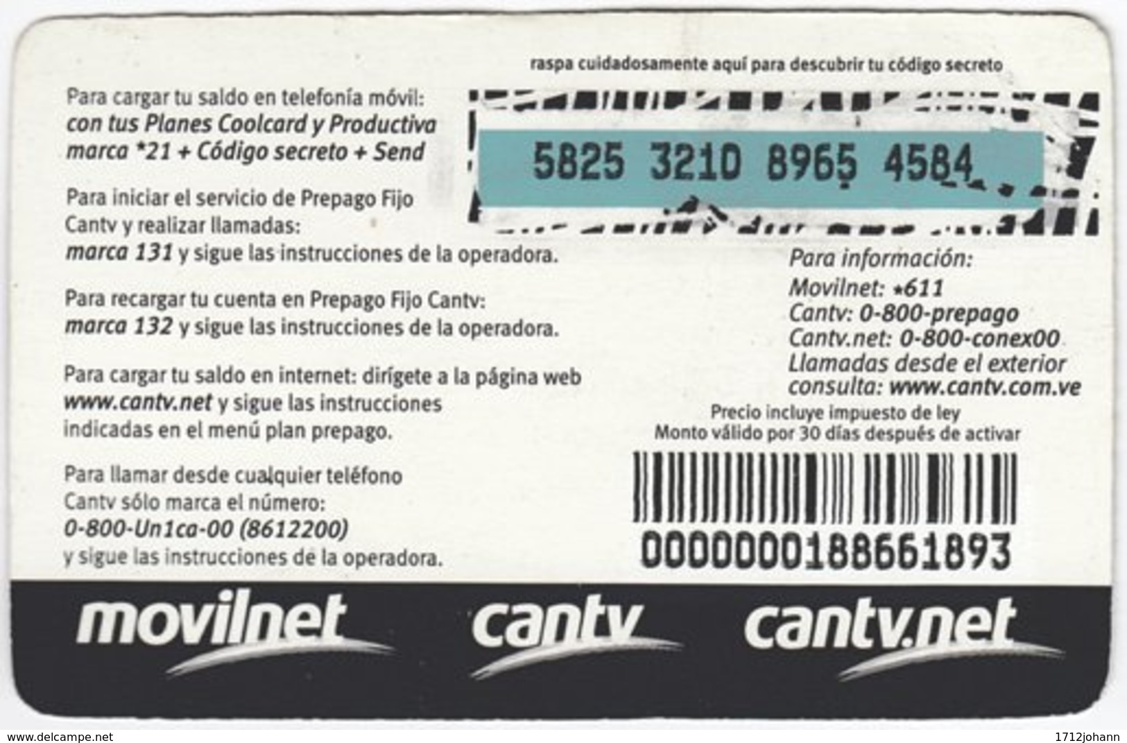 VENEZUELA A-954 Prepaid Un1ca - Used - Venezuela