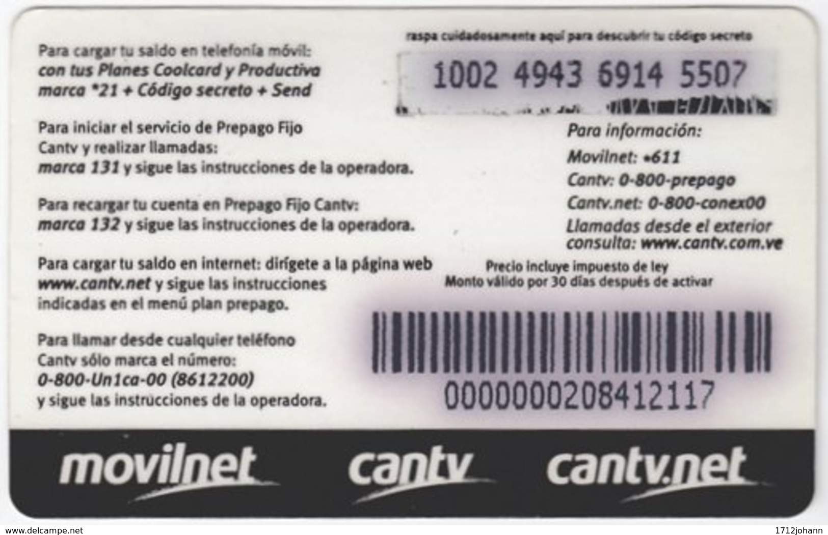 VENEZUELA A-955 Prepaid Un1ca - Used - Venezuela