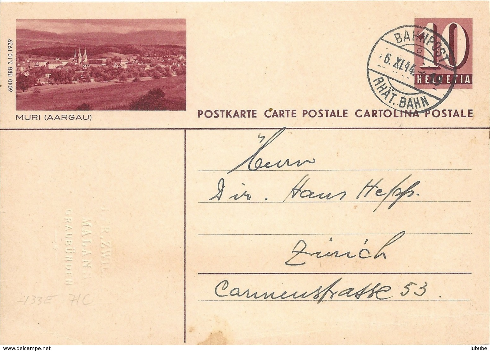 PK 158  "Muri (Aargau) 6040 BRB 3.10.1939"           1944 - Entiers Postaux