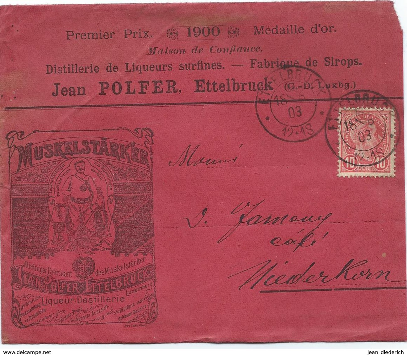 Brief - Mi 71 - Jean Polfer, Liqueurs Et Sirops, Ettelbruck 18-06-1903 Nach Niederkorn (Stempel Differdange) - 1895 Adolphe Profil