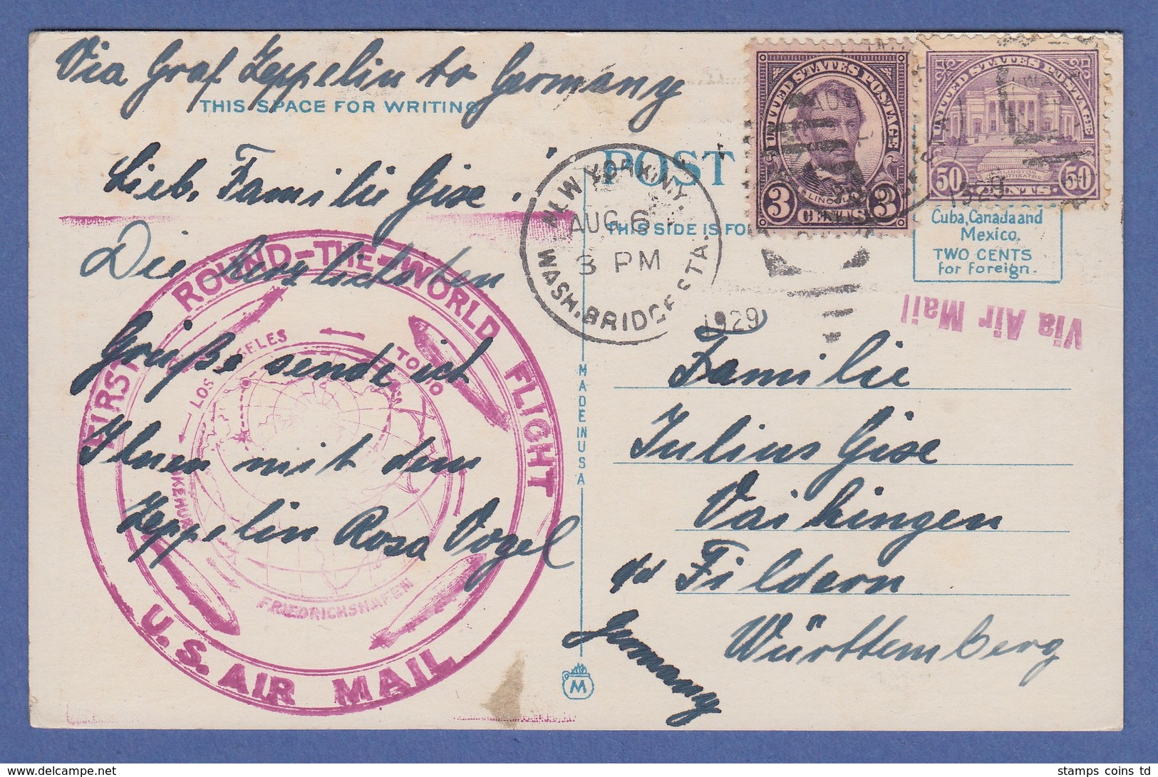 USA Zeppelin-Postkarte ROUND-THE-WORLD-FLIGHT 1929 Gel. Nach Deutschland - Sonstige & Ohne Zuordnung