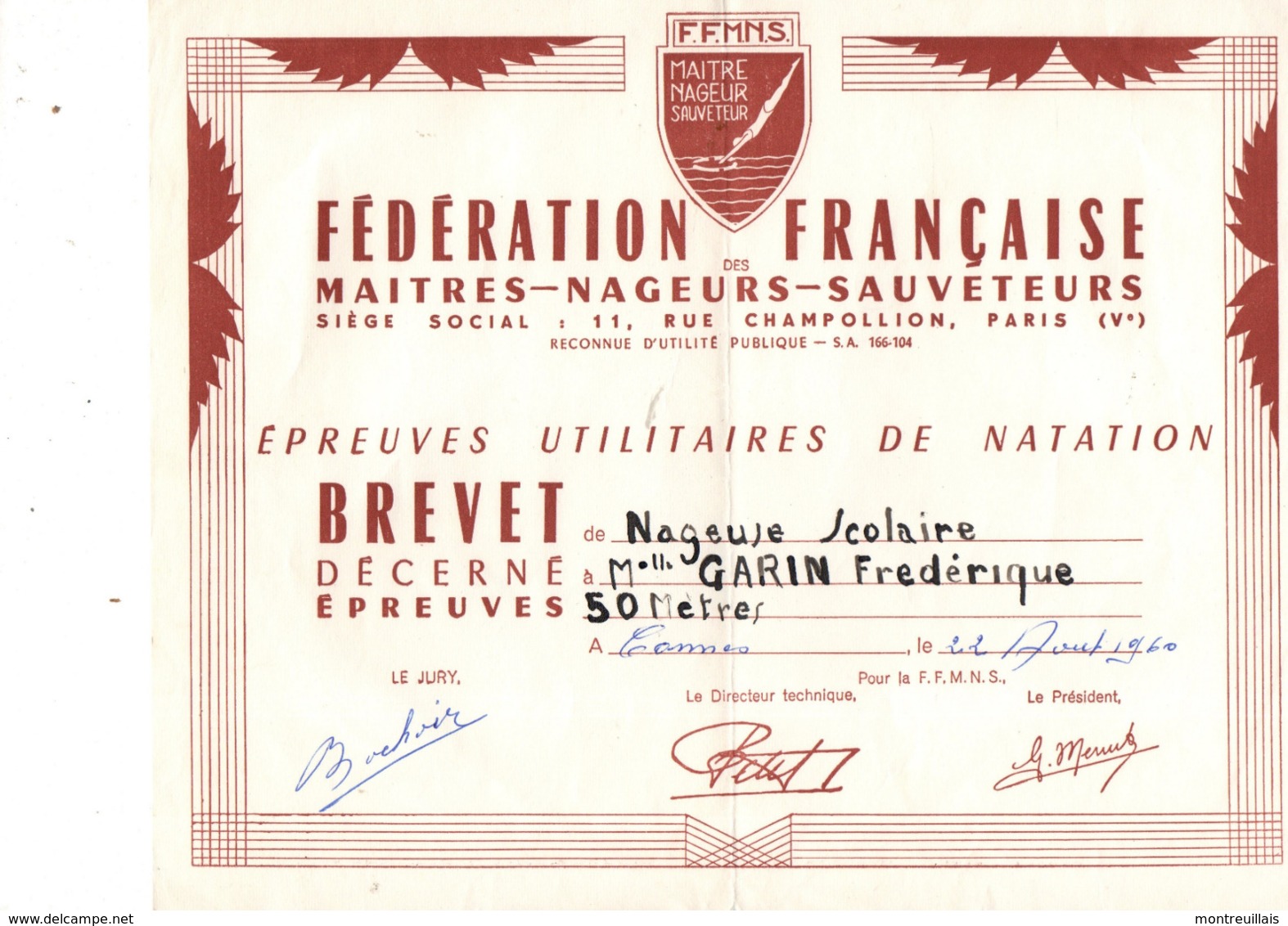 Diplome Brevet Natation, CANNES, (06), Maitres Nageurs Sauveteurs, De 1960, 50 Metres - Schwimmen