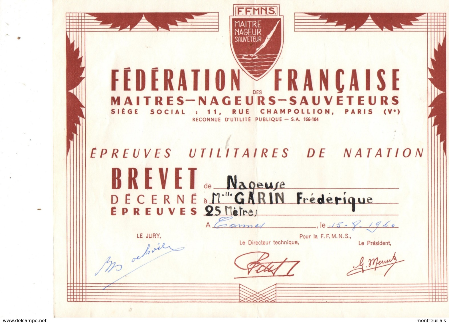 Diplome Brevet Natation, CANNES, (06), Maitres Nageurs Sauveteurs, De 1960, 25 Metres - Natación