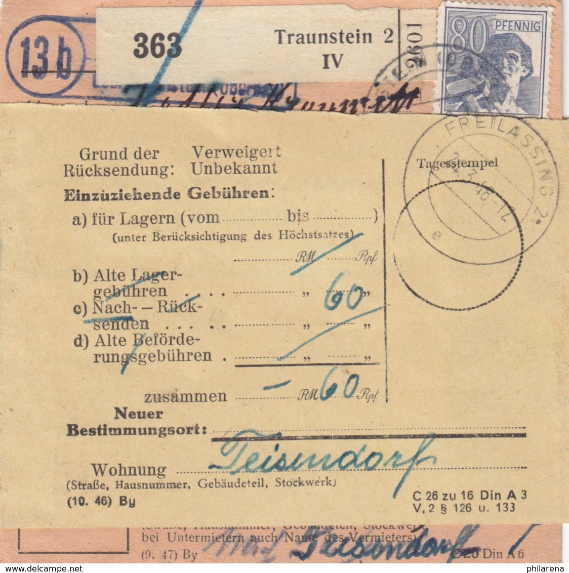 Paketkarte 1948: Traunstein N. Freilassing, Teisendorf Dringend, Nachsendung - Autres & Non Classés