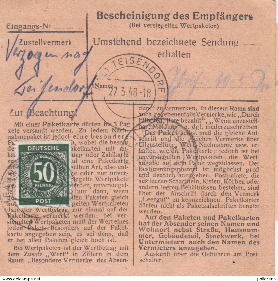 Paketkarte 1948: Traunstein N. Freilassing, Teisendorf Dringend, Nachsendung - Sonstige & Ohne Zuordnung