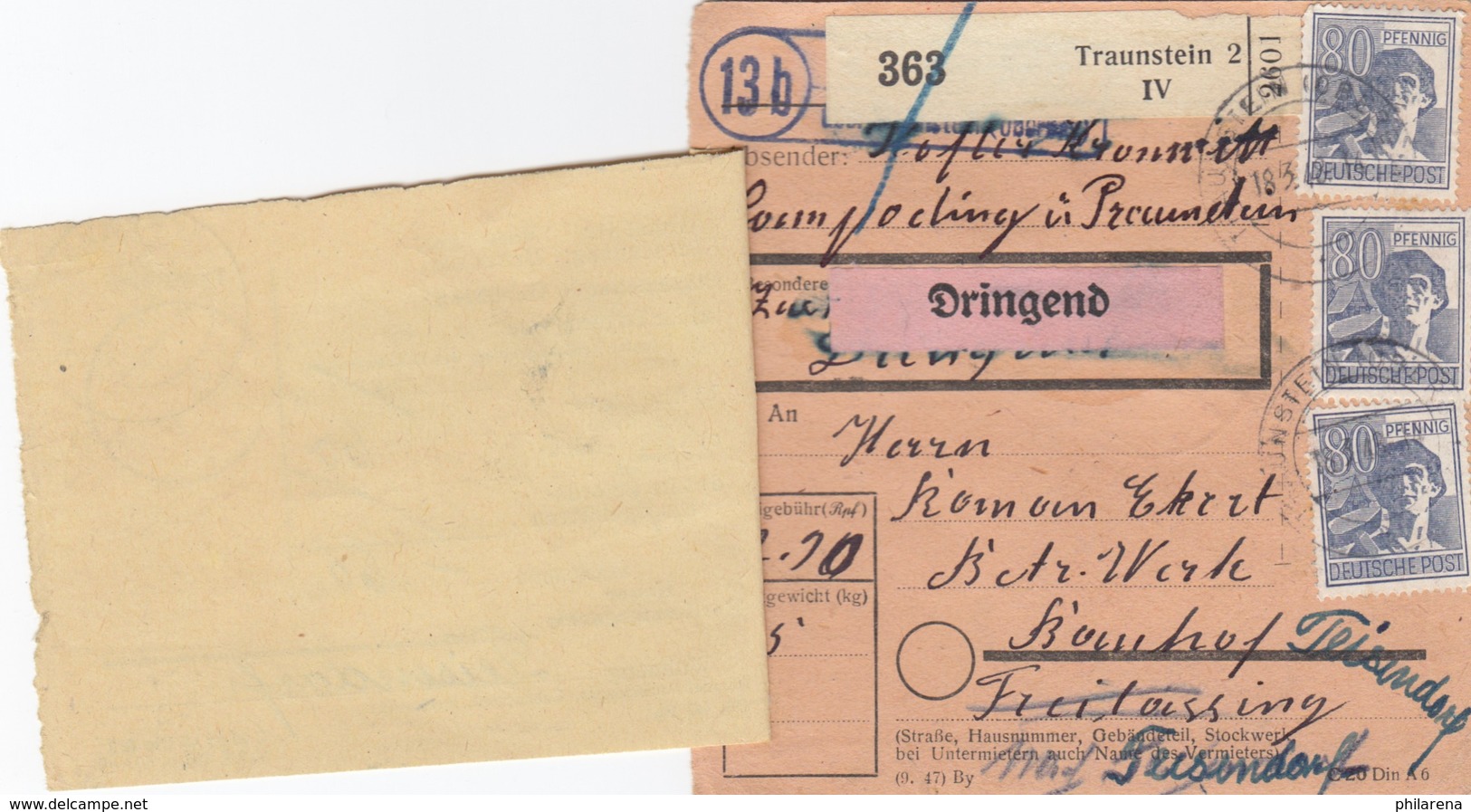 Paketkarte 1948: Traunstein N. Freilassing, Teisendorf Dringend, Nachsendung - Autres & Non Classés