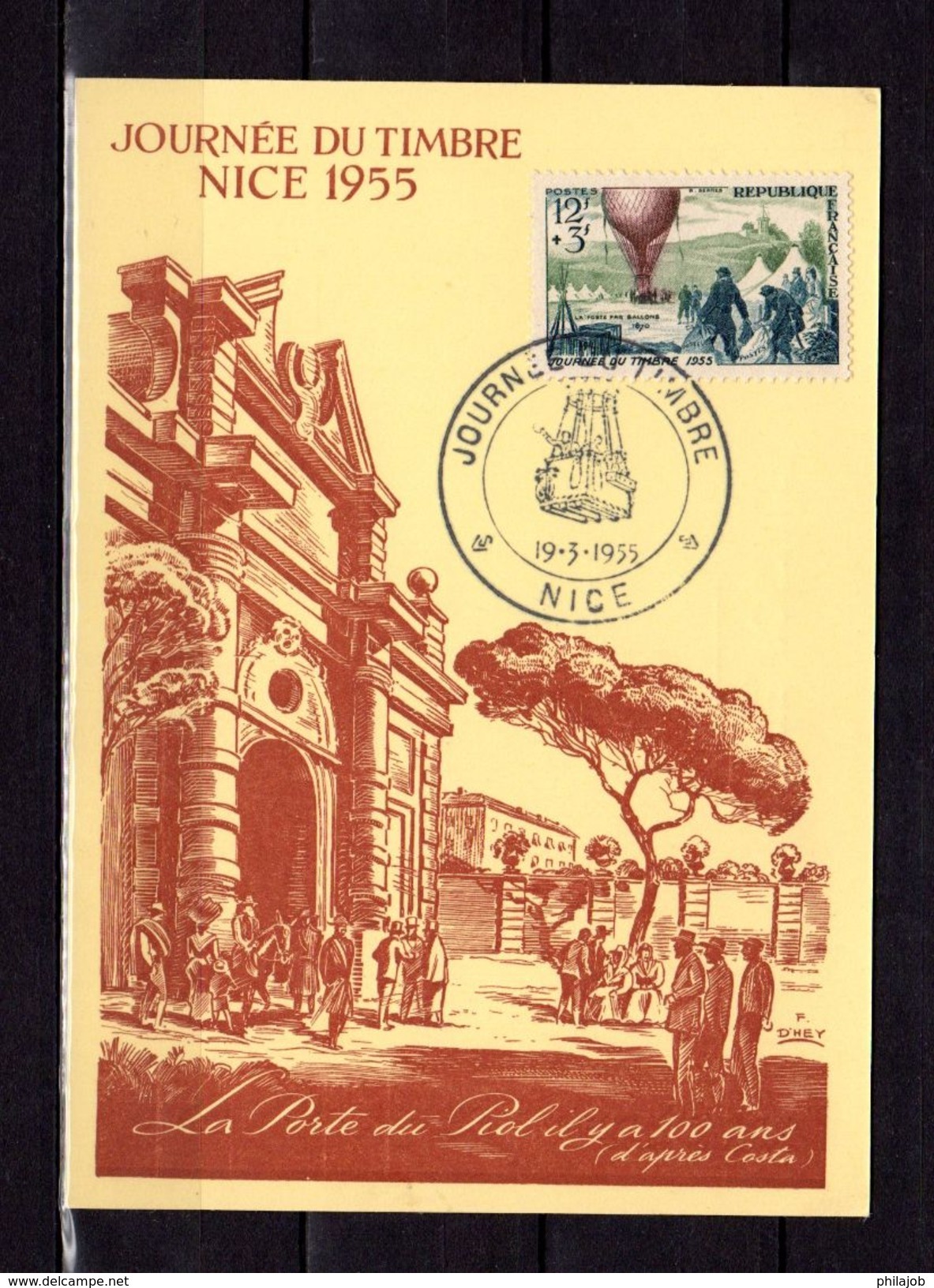 " JDT 1955 / BALLON POSTE / 85 ANS DE LA POSTE AERIENNE "  Sur Carte Maximum. N° YT 1018. Parfait état. CM - Fesselballons