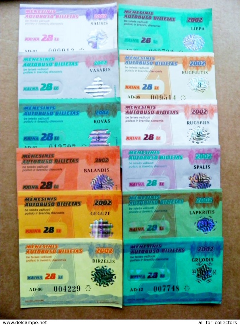 12 Transport Tickets Vilnius City Capital Of Lithuania BUS Monthly Ticket 2002 28lt. Complecte Full Year - Europe