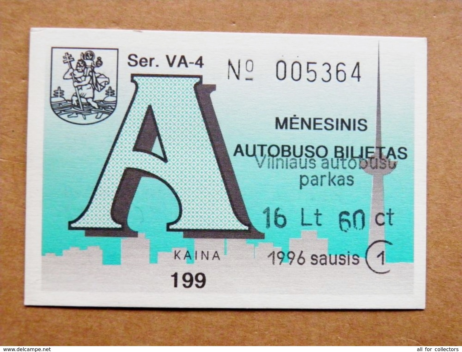 Transport Ticket Vilnius City Capital Of Lithuania BUS Monthly Ticket 1996 Year January 16,6lt - Europe