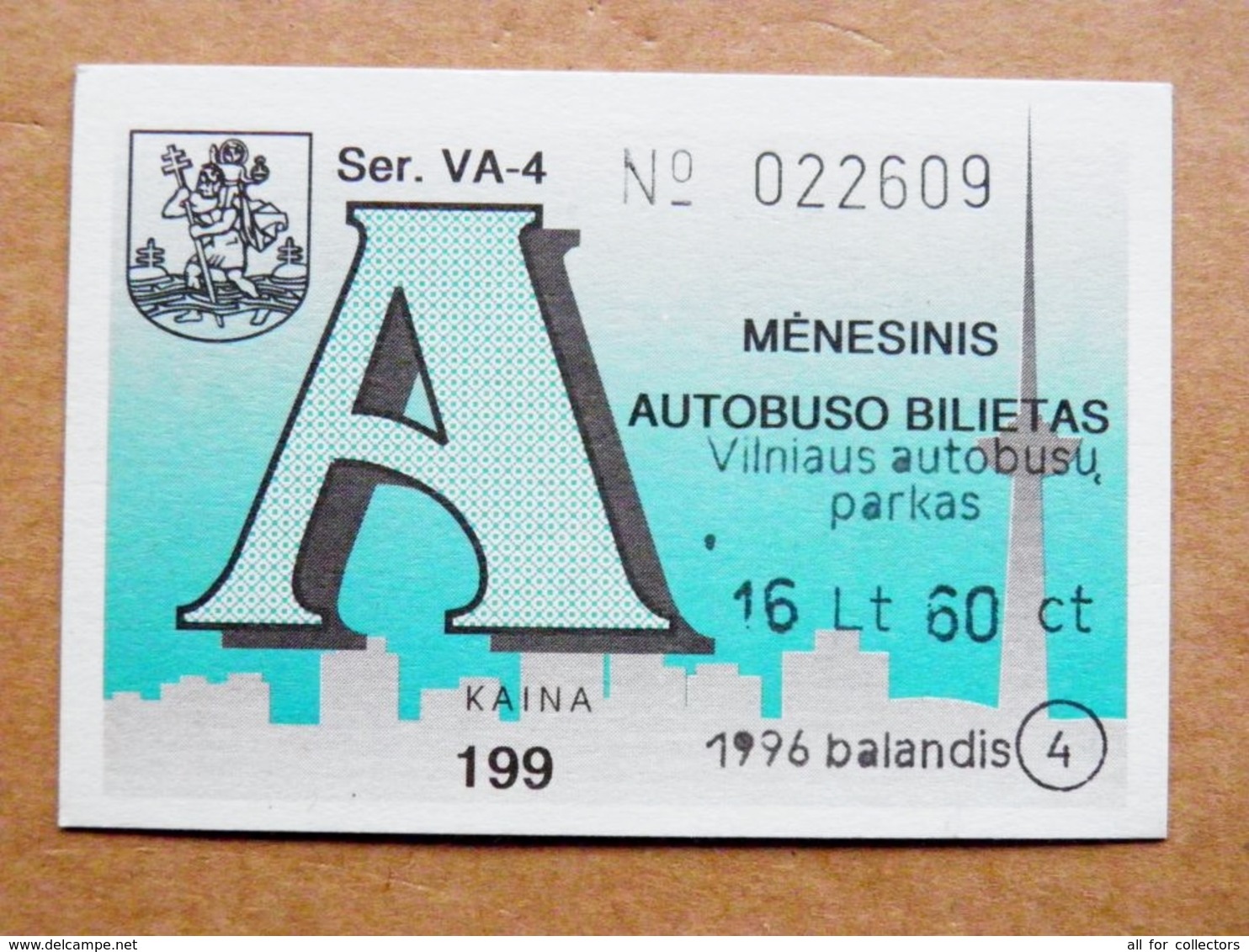 Transport Ticket Vilnius City Capital Of Lithuania BUS Monthly Ticket 1996 Year April 16,6lt - Europe