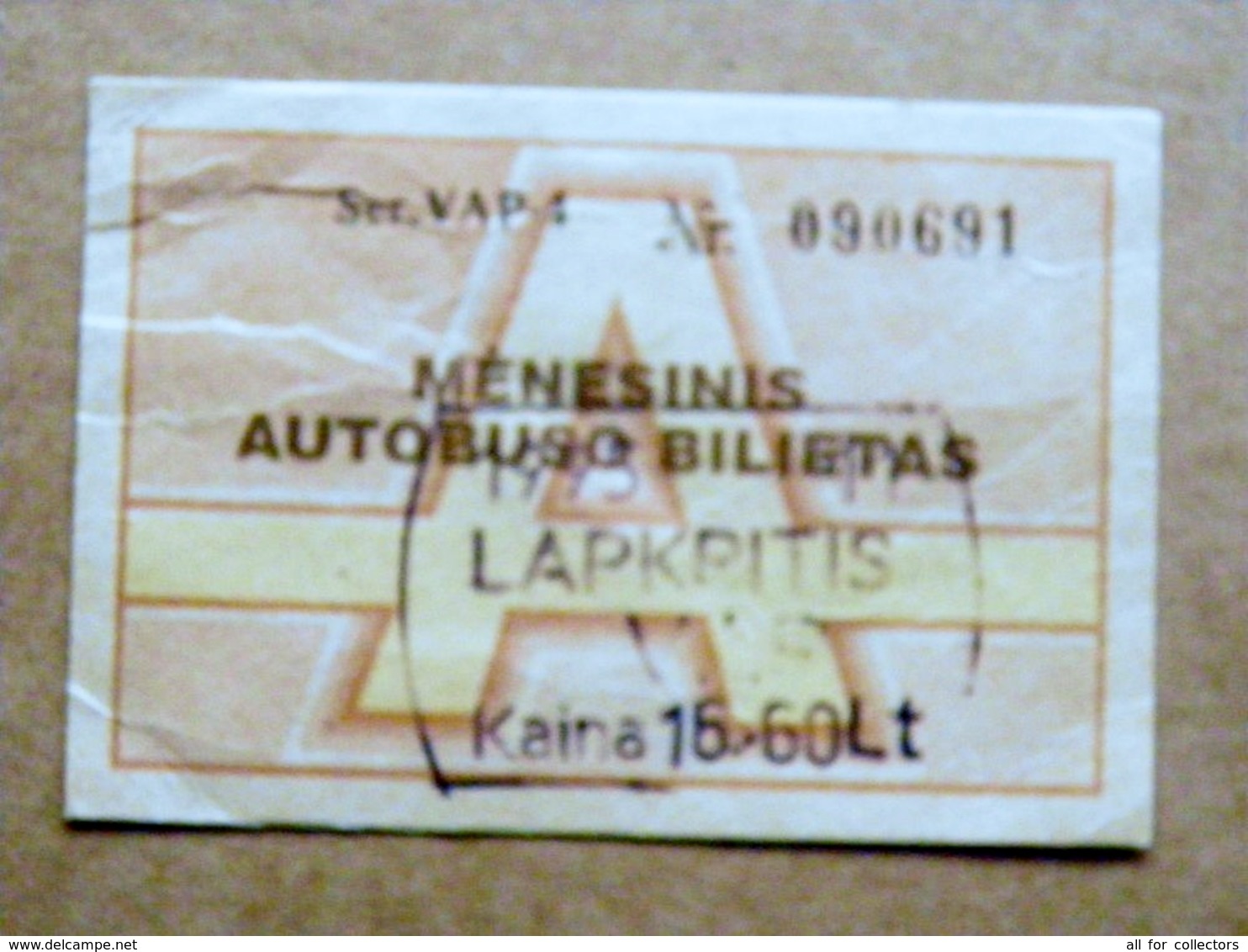 Transport Ticket Vilnius City Capital Of Lithuania BUS Monthly Ticket 1995 Year November 16,6lt - Europe