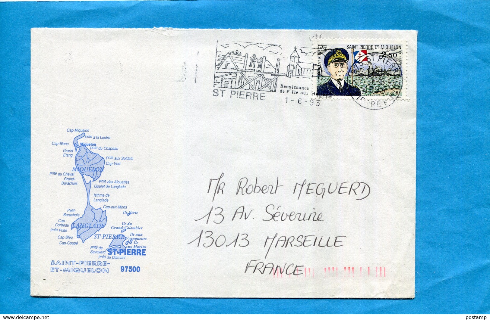 Marcophilie-Saint Pierre Et Miquelon-lettre Avion- Cad 1993  + Flamme Renaissance De L'ile- Stamp N°570-Ct Berot - Brieven En Documenten