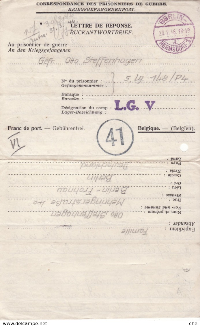 PRISONNIER DE GUERRE 40 45 ALLEMAND EN BELGIQUE BERLIN  VERS CAMP LG  V  CENSURE MILITAIRE BELGE 41 - Militaria