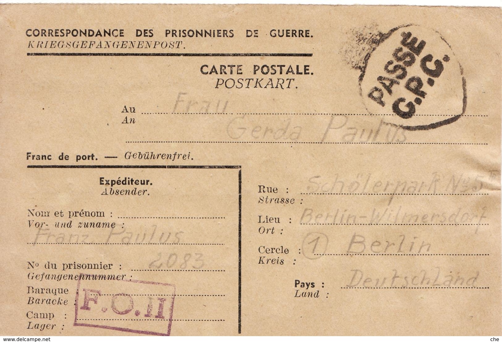 PRISONNIER DE GUERRE 40 45 ALLEMAND EN BELGIQUE  Camp FO II VERS BERLIN  CENSURE PASSE C.P.C. - Militaria