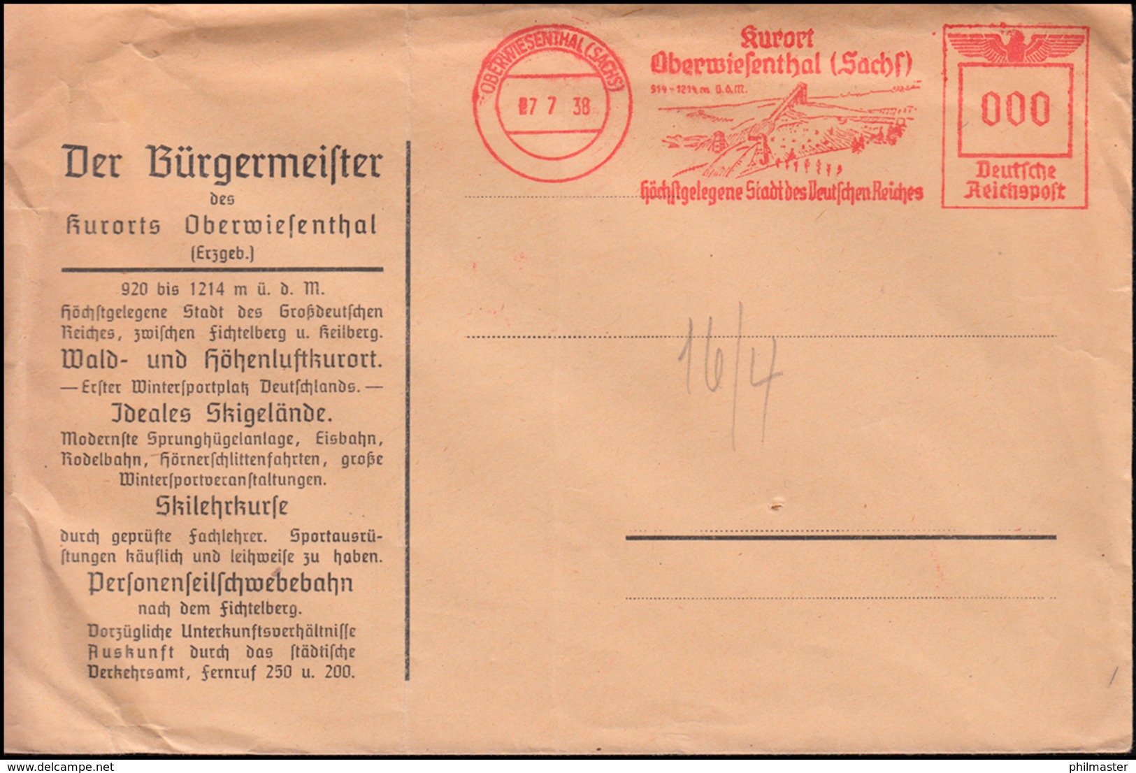 AFS Kurort Oberwiesenthal / Sachsen 7.7.38 "000" Blanko-Brief Vom Bürgermeister  - Hiver