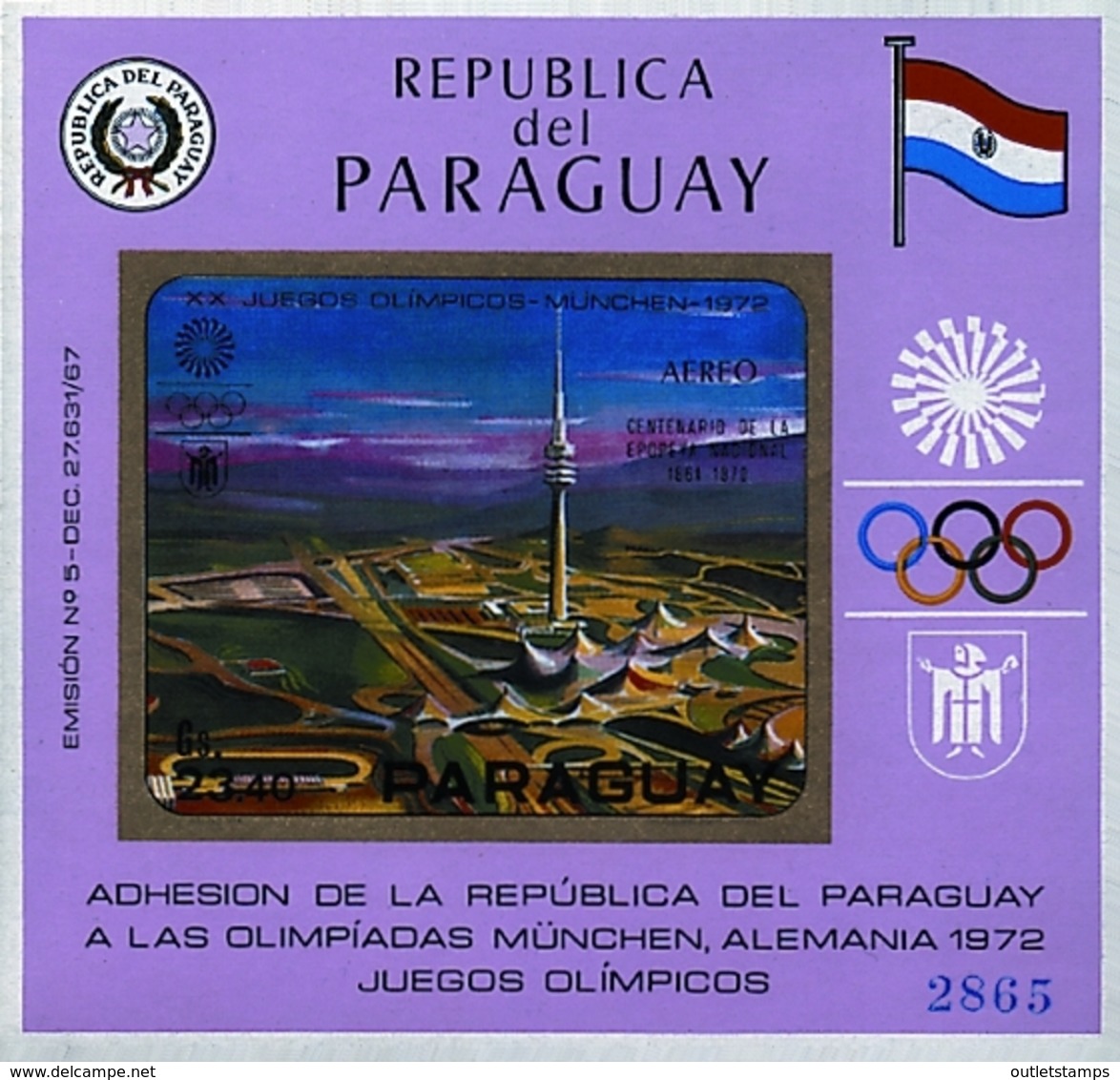 Ref. 246868 * NEW *  - PARAGUAY . 1970. GAMES OF THE XX OLYMPIAD. MUNICH 1972. 20 JUEGOS OLIMPICOS VERANO MUNICH 1972 - Paraguay