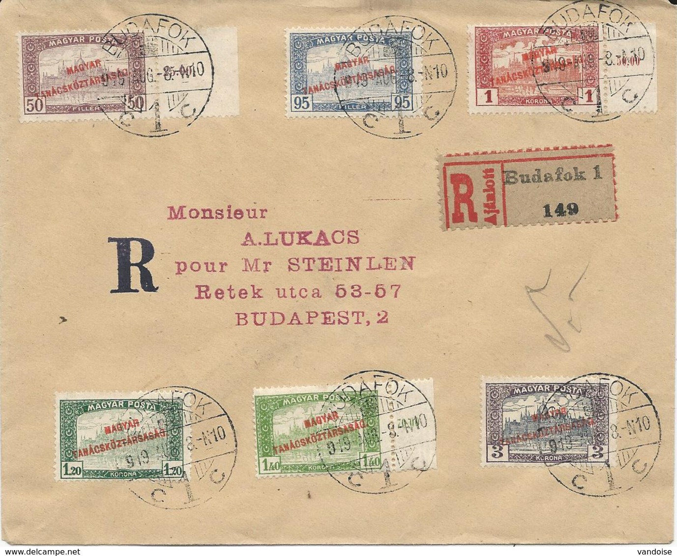 LETTRE RECOMMANDEE 1919 AVEC 6 TIMBRES AVEC SURCHARGE - Storia Postale