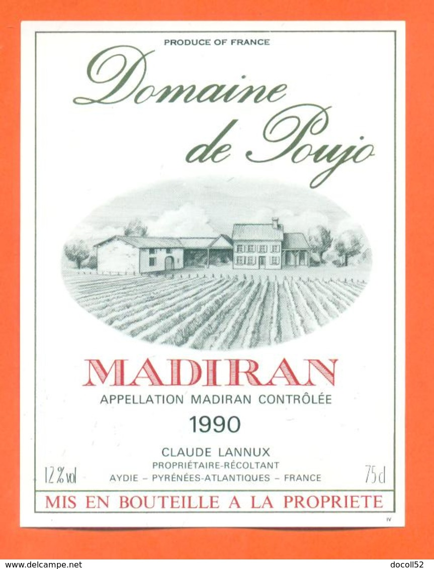 étiquette De Vin Madiran Domaine De Poujo 1990 Claude Lannux à Aydie - 75 Cl - Madiran