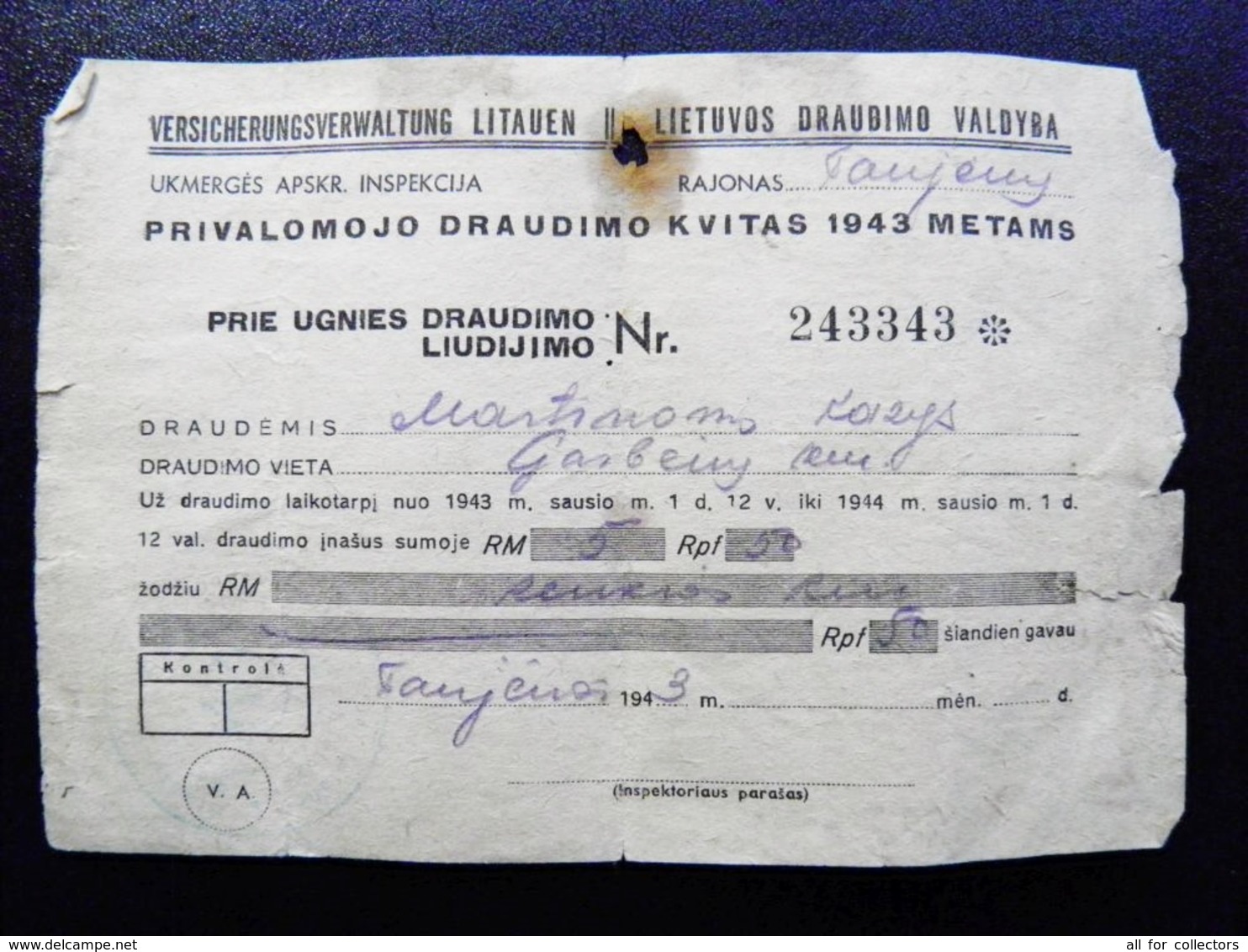 Old 1943 Year Compulsory Insurance Receipt From Lithuania Ulmerge Region - Andere & Zonder Classificatie