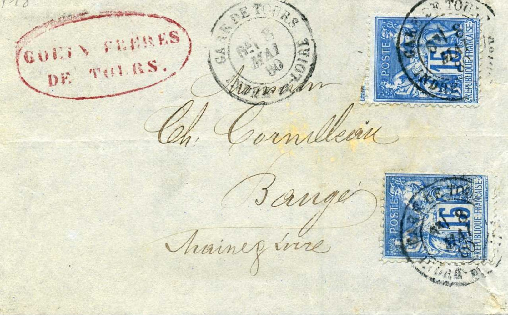 90a Sage Bleu Sur Bleu Tarif 30c 2ème échelon Gare De Tours Indre Et Loire 1880 Type 18 Pour Baugé Bordereau Goüin - 1877-1920: Période Semi Moderne