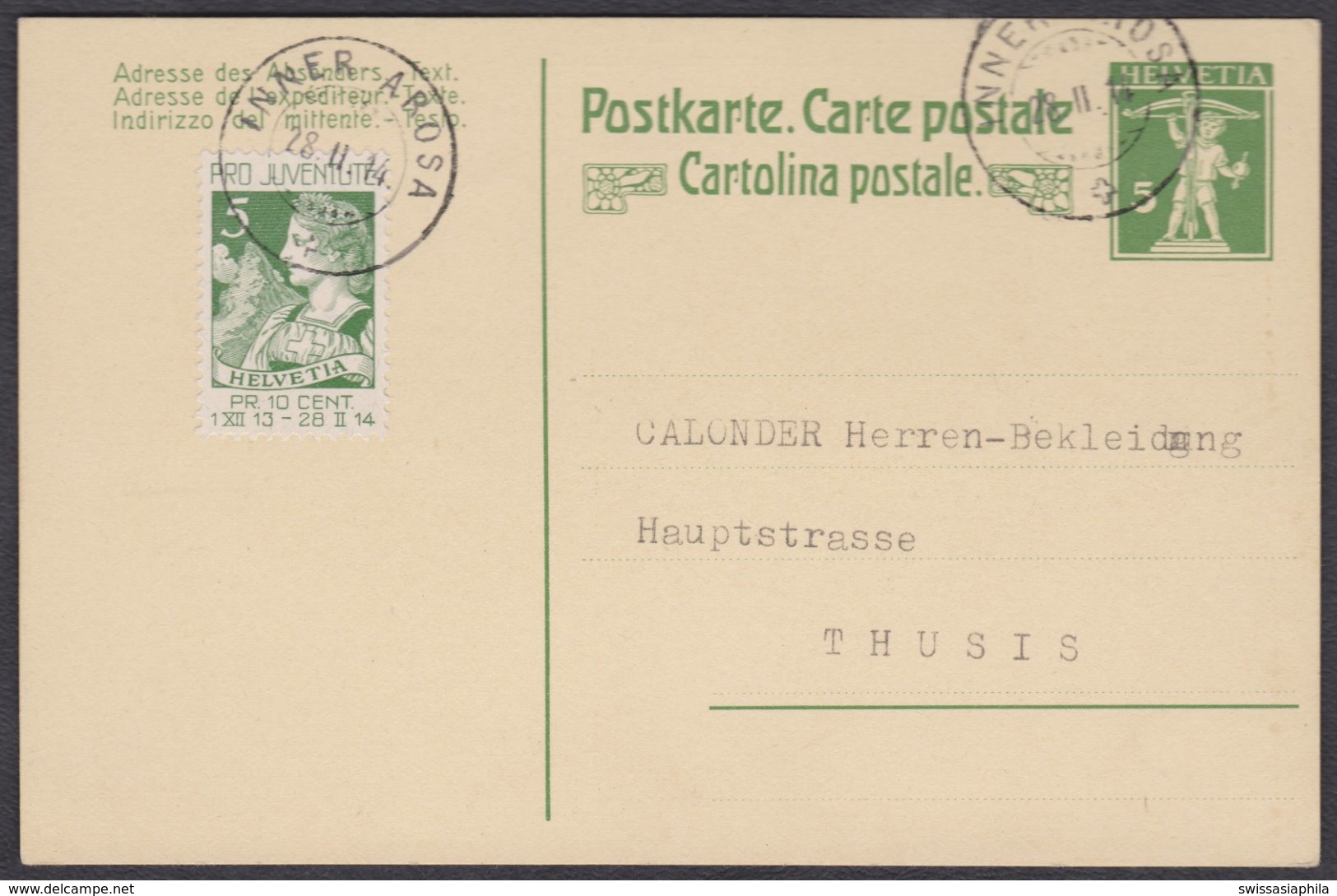 LETZTAG VERWENDUNG DER NO. 1 / 28.2.1914 AUF POSTKARTE NACH THUSIS - Lettres & Documents