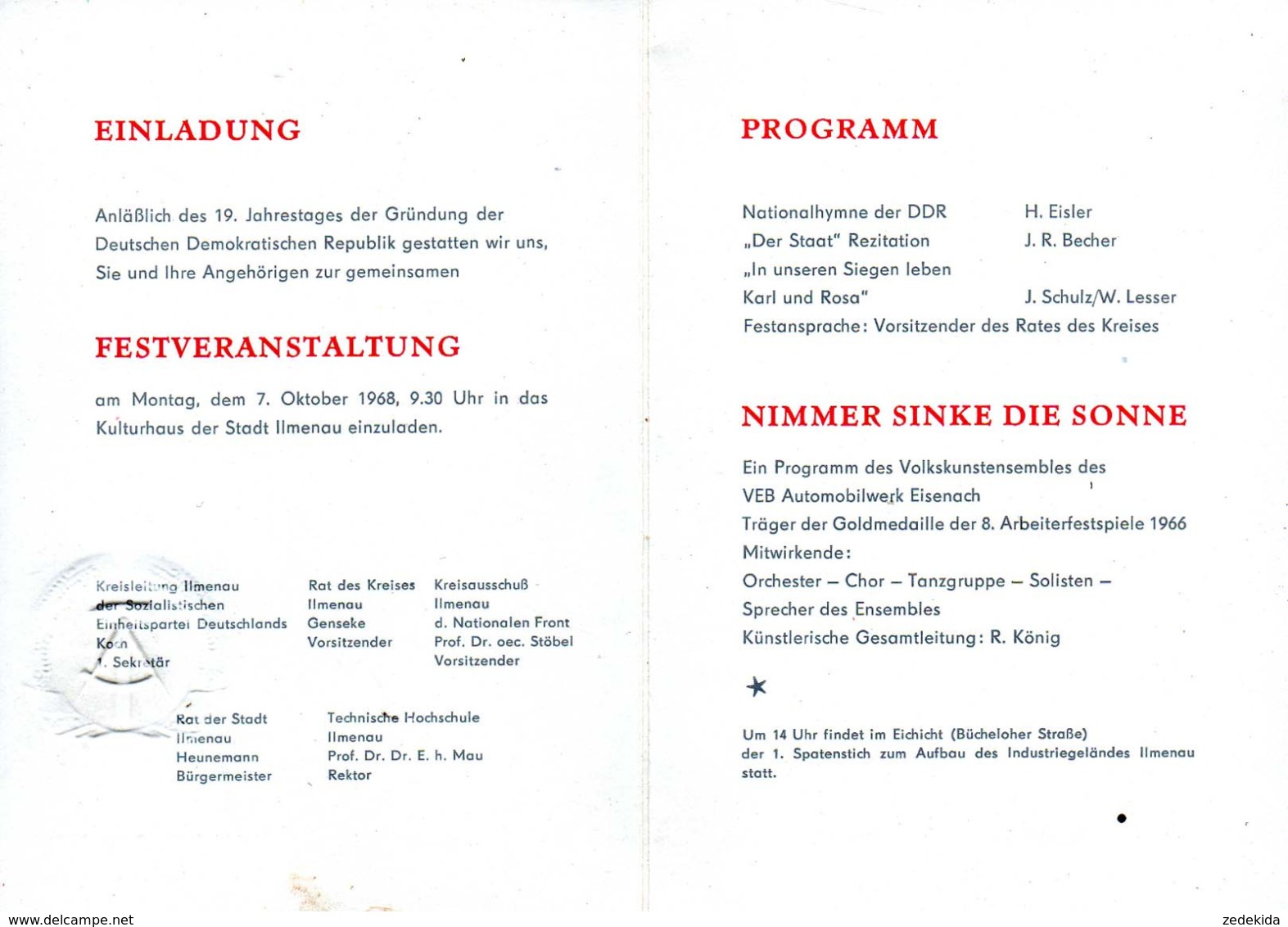 C9450 - Ilmenau Kulturhaus - DDR Jubiläum- Propaganda Programm Eintrittskarte 1968 - Ereignisse