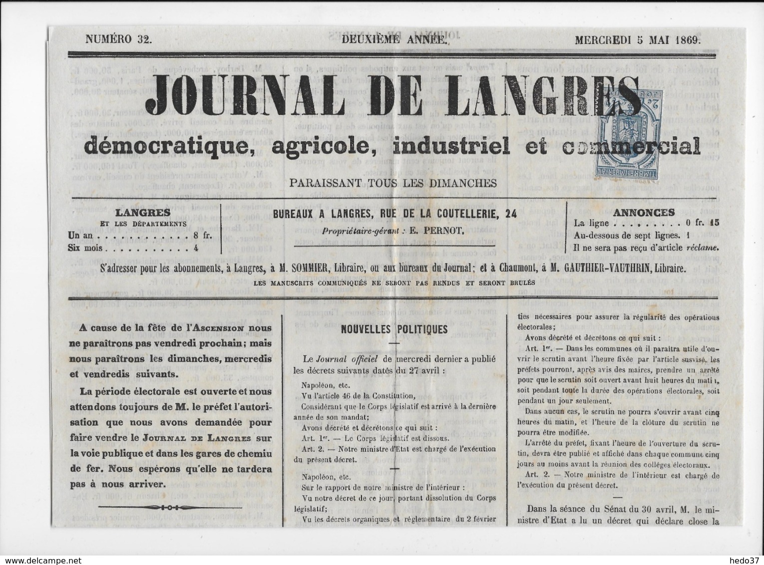 France Timbres Pour Journaux N°8 Sur Journal Entier 1869 - TB - Journaux