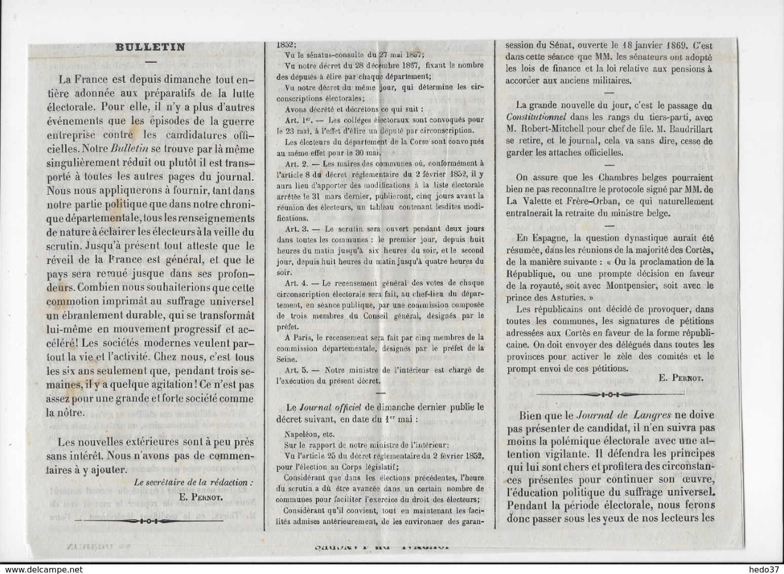 France Timbres Pour Journaux N°8 Sur Journal Entier 1869 - TB - Zeitungsmarken (Streifbänder)