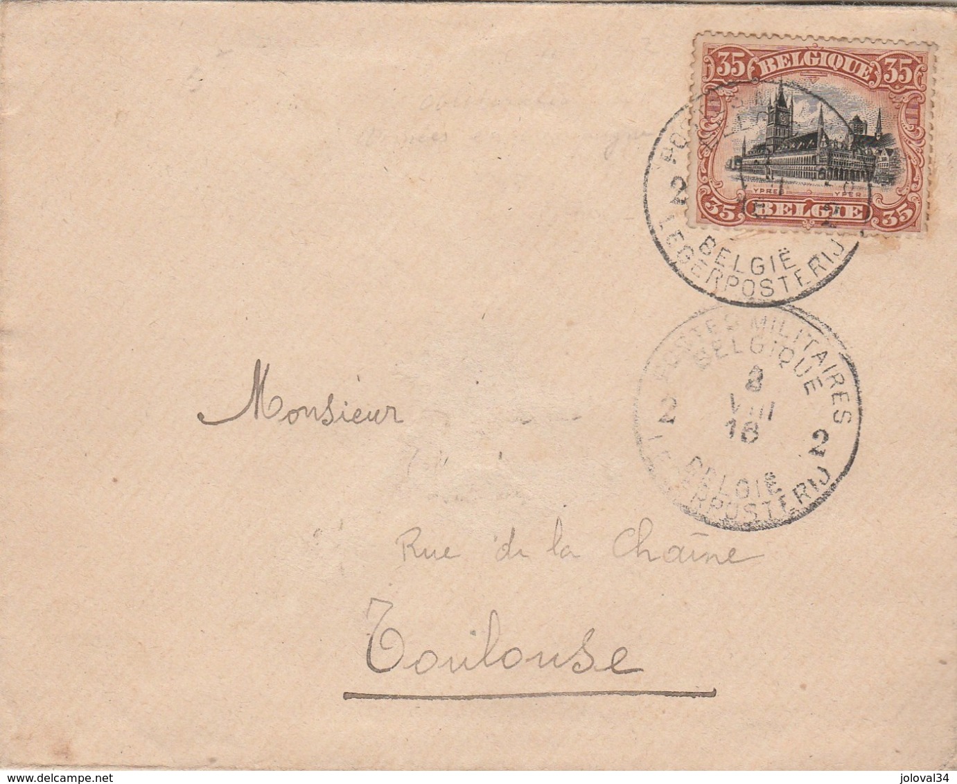 Belgique Lettre Oblitération Postes Militaires 3/8/1918 Pour Toulouse Haute Garonne France - Verso Armée Belge - OC38/54 Belgische Bezetting In Duitsland