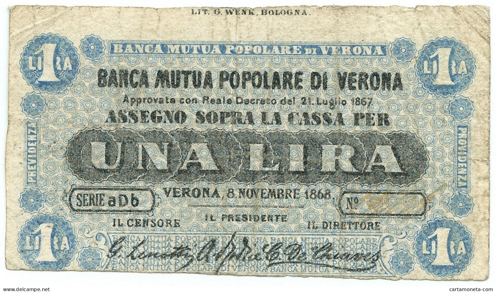 1 LIRA BIGLIETTO FIDUCIARIO BANCA MUTUA POPOLARE DI VERONA 08/11/1868 BB - Altri & Non Classificati