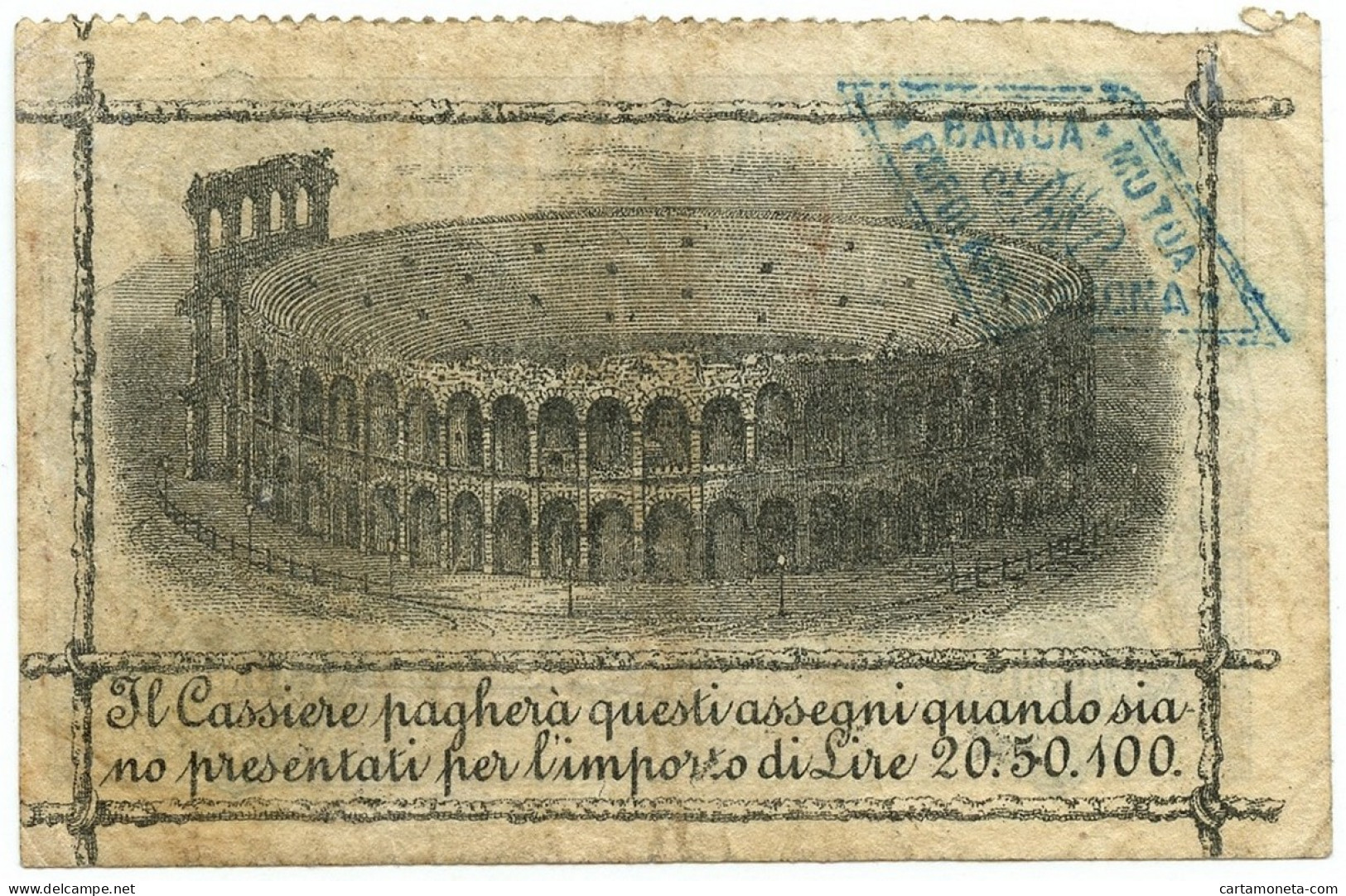 1 LIRA BIGLIETTO FIDUCIARIO BANCA MUTUA POPOLARE DI VERONA 02/10/1871 BB/BB+ - Altri & Non Classificati