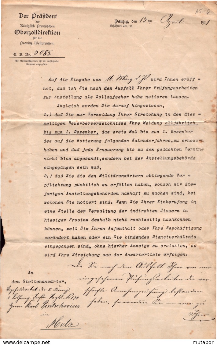 1911 Danzig, Der Präsident Der Königl.Preußischen Oberzolldirektion - Historische Dokumente