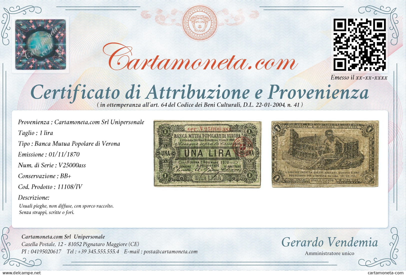 1 LIRA BIGLIETTO FIDUCIARIO BANCA MUTUA POPOLARE DI VERONA 01/11/1870 BB+ - Altri & Non Classificati