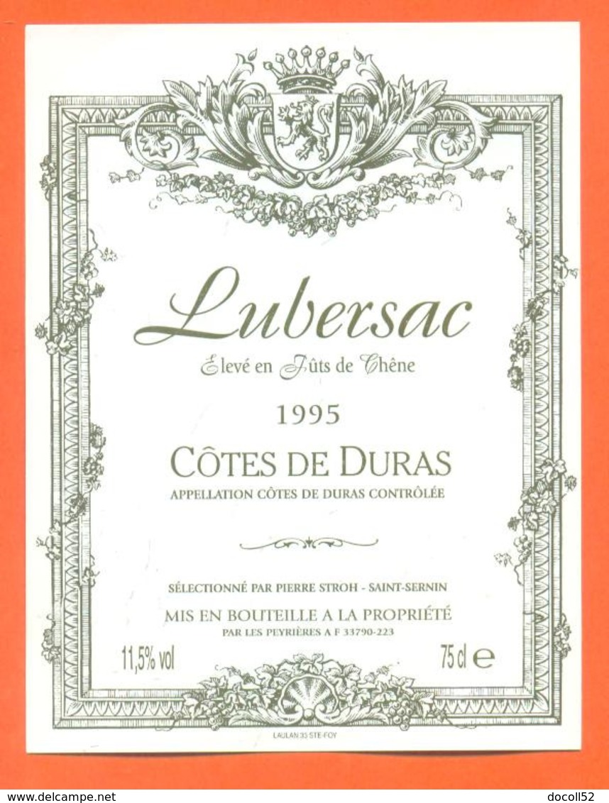 étiquette De Vin Cotes De Duras Lubersac 1995 Les Peyrières à 33790 - 75 Cl - Vin De Pays D'Oc