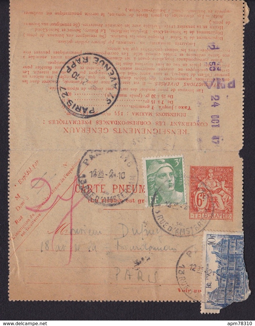 France	1947	Voyagé		Carte Pneumatique Paris Rapp - Altri & Non Classificati