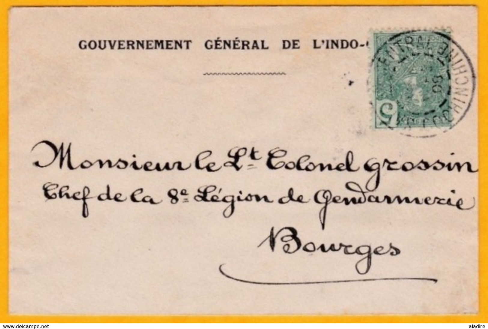 1908 - Gouvernement Général D' Indochine - Enveloppe De Saigon Vers Bourges - YT  27 - 5 C Grasset Seul - Cad Arrivée - Lettres & Documents