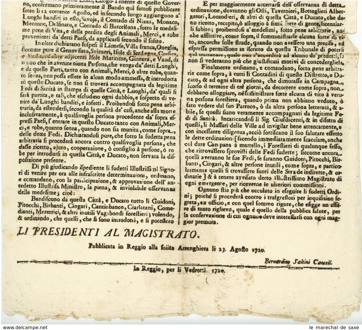 Reggio 1720 Affiso Editto Et Ordini In Occasione Del CONTAGGIO DI MARSIGLIA Peste Marseille - Historische Dokumente