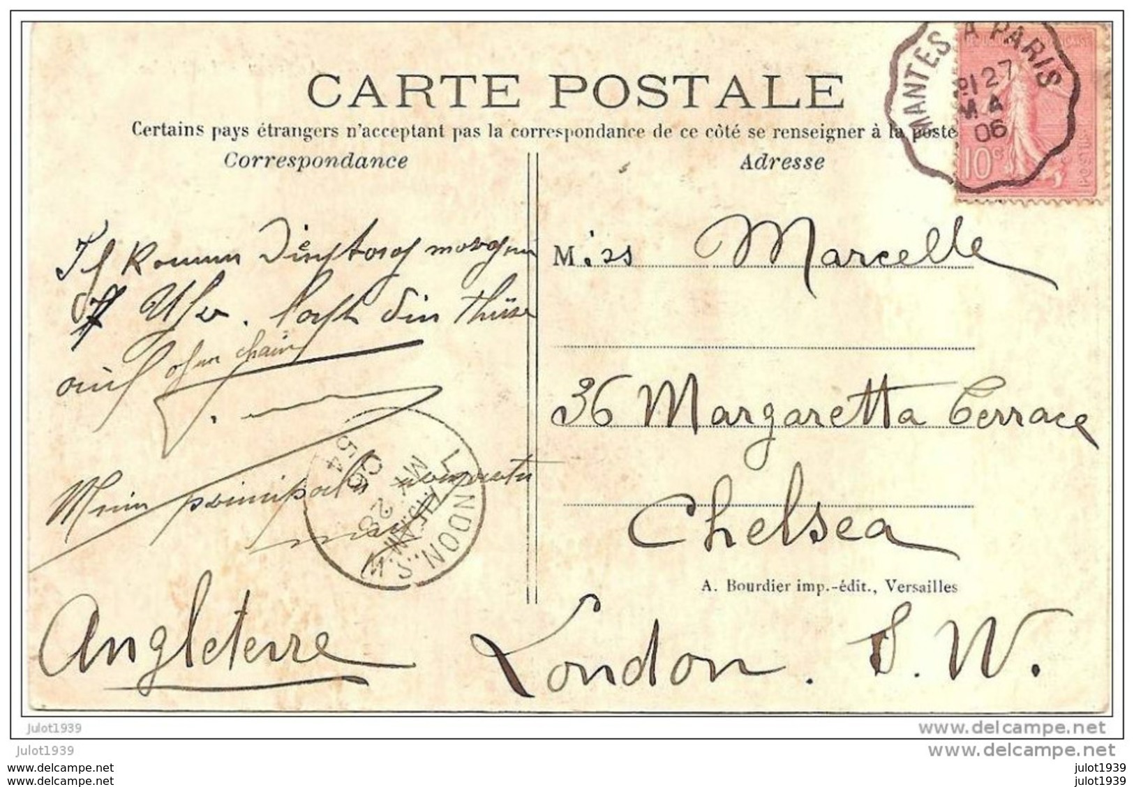 ANDRESY ..-- 78 . YVELINES ..-- 1906 Vers CHELSEA ( Miss MARCELLE ) . Voir Verso . - Andresy