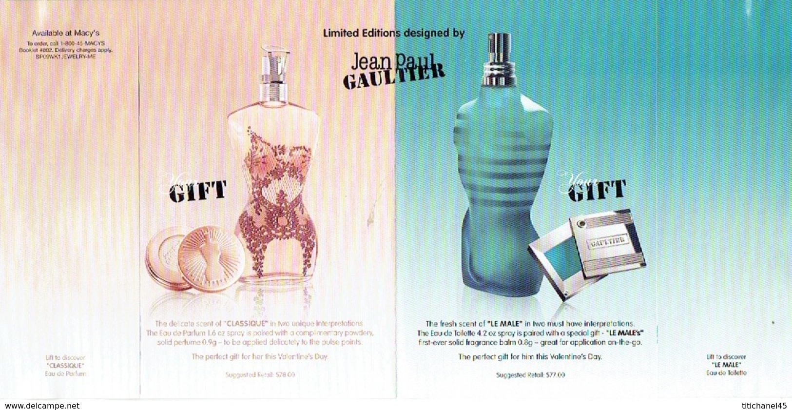 Carte à Rabat 5 X 5 Jean-Paul GAULTIER  "LE MALE"  & "CLASSIQUE" - Perfume Card USA - Modern (from 1961)