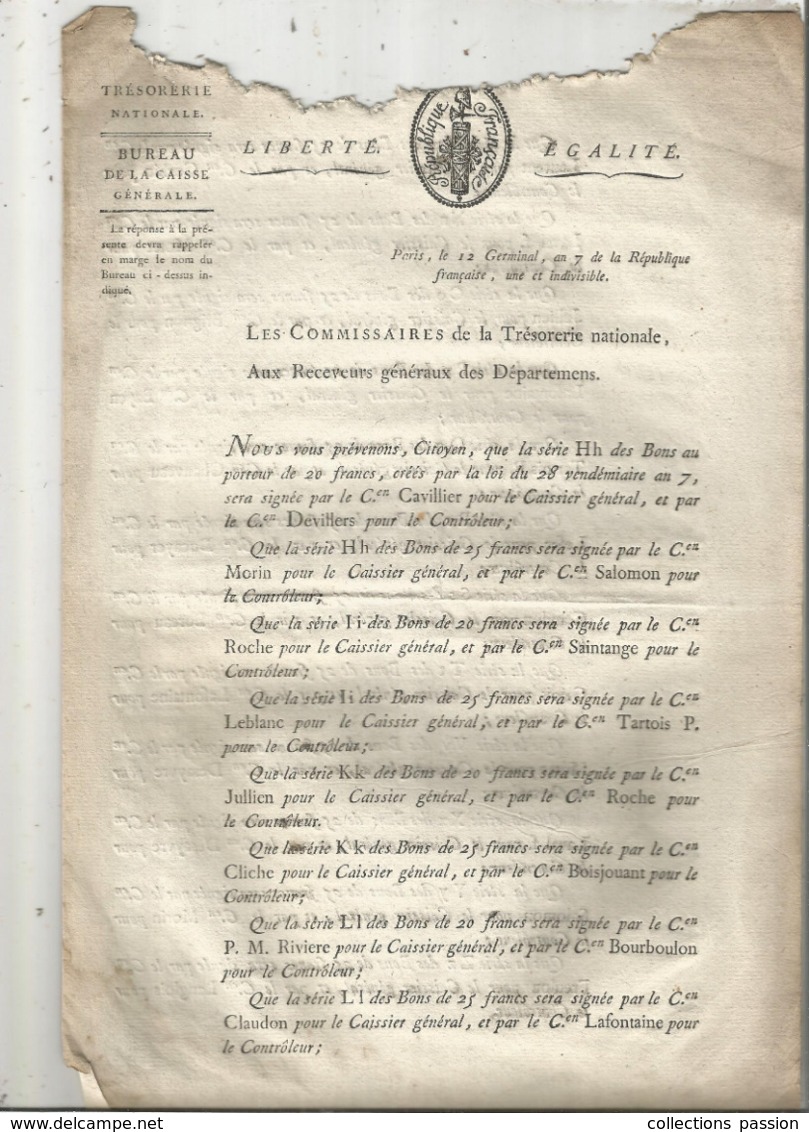 JC , Trésorerie Nationale, AN 7, 1798, Liste Des Signatures Des Bons Au Porteur De 20 Francs , Frais Fr 1.95 E - Décrets & Lois