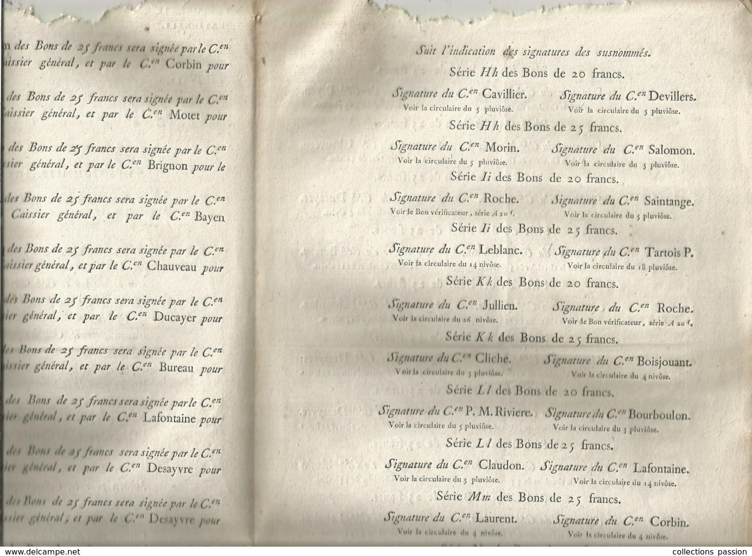 JC , Trésorerie Nationale, AN 7, 1798, Liste Des Signatures Des Bons Au Porteur De 20 Francs , Frais Fr 1.95 E - Décrets & Lois