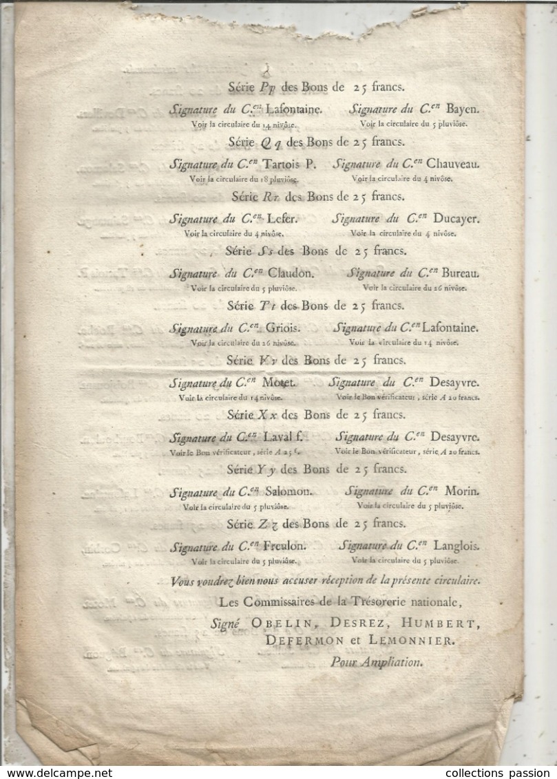 JC , Trésorerie Nationale, AN 7, 1798, Liste Des Signatures Des Bons Au Porteur De 20 Francs , Frais Fr 1.95 E - Décrets & Lois