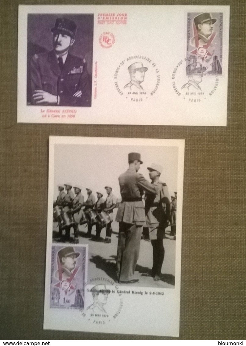 Lot De 2 Enveloppes & Timbres Anniversaire De La Liberation / Général KOENIG / FDC - De Gaulle (General)