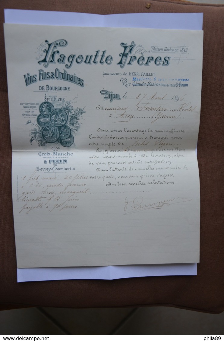 Commande-1896-Lagoutte Freres-Dijon-vins Fins De Bourgogne-clos Croix Blanche Propriete De La Maison A Fixin - 1800 – 1899