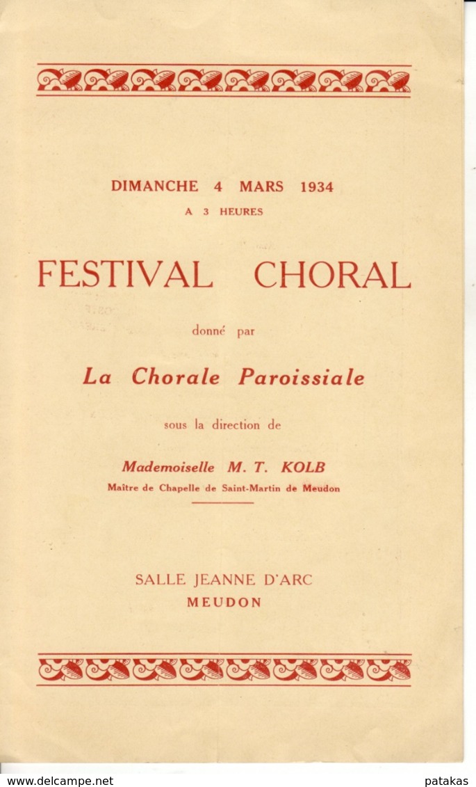 Programme Festival Choral à Meudon Dimanche 4 Mars 1934 - Programma's