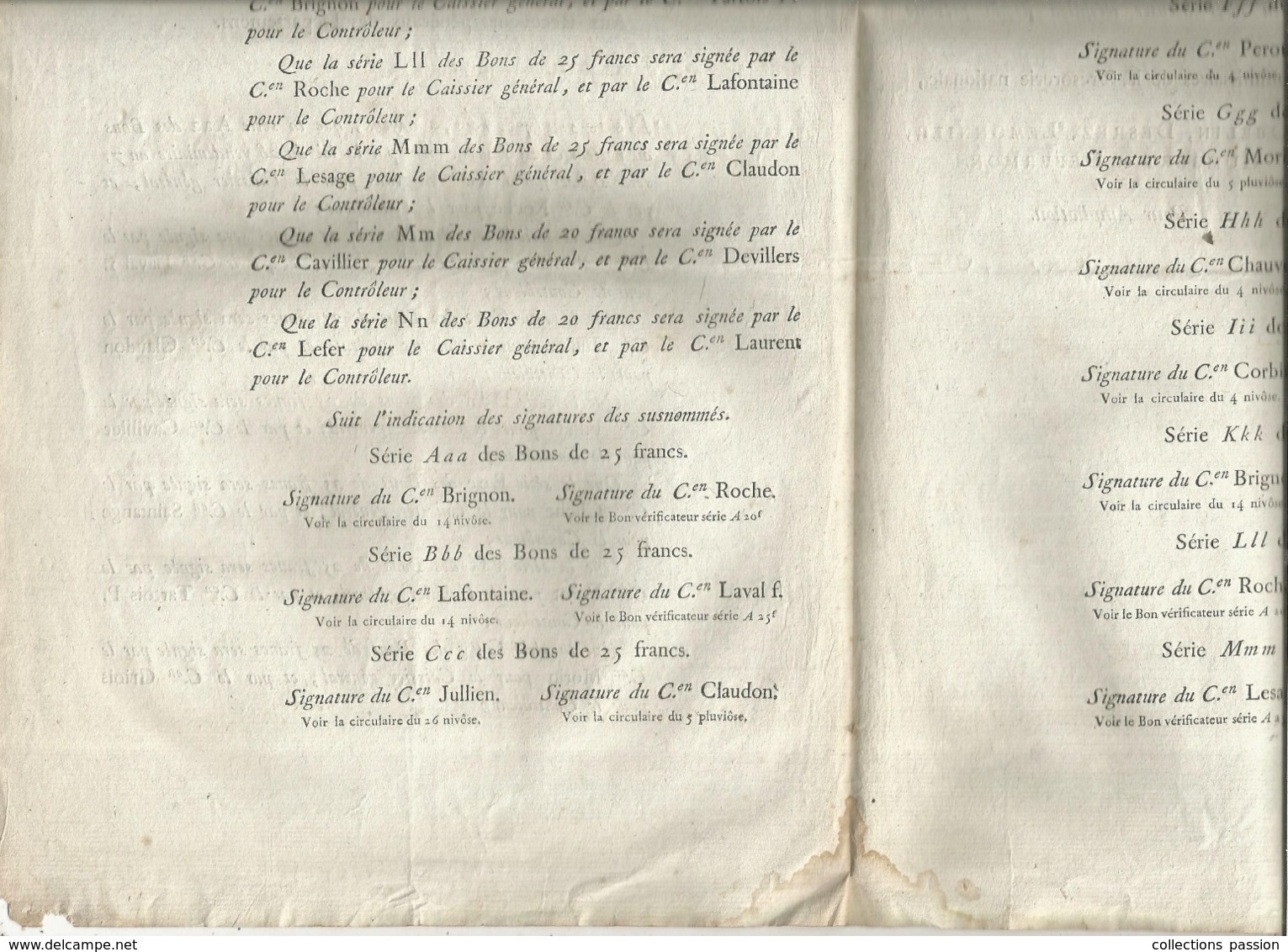 JC , Trésorerie Nationale, AN 7, 1798, Liste Des Signatures Des Bons Au Porteur De 25 Francs , Frais Fr 1.95 E - Décrets & Lois