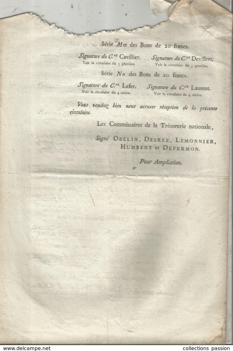 JC , Trésorerie Nationale, AN 7, 1798, Liste Des Signatures Des Bons Au Porteur De 25 Francs , Frais Fr 1.95 E - Décrets & Lois