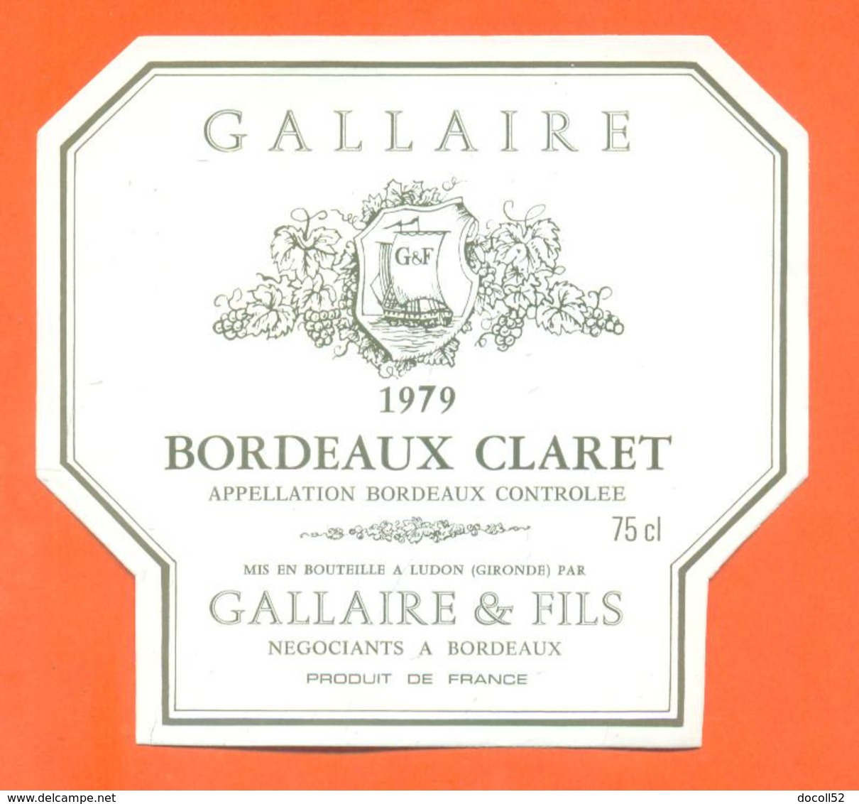 étiquette De Vin De Bordeaux Claret Gallaire 1979 à Ludon - 75 Cl - Bordeaux