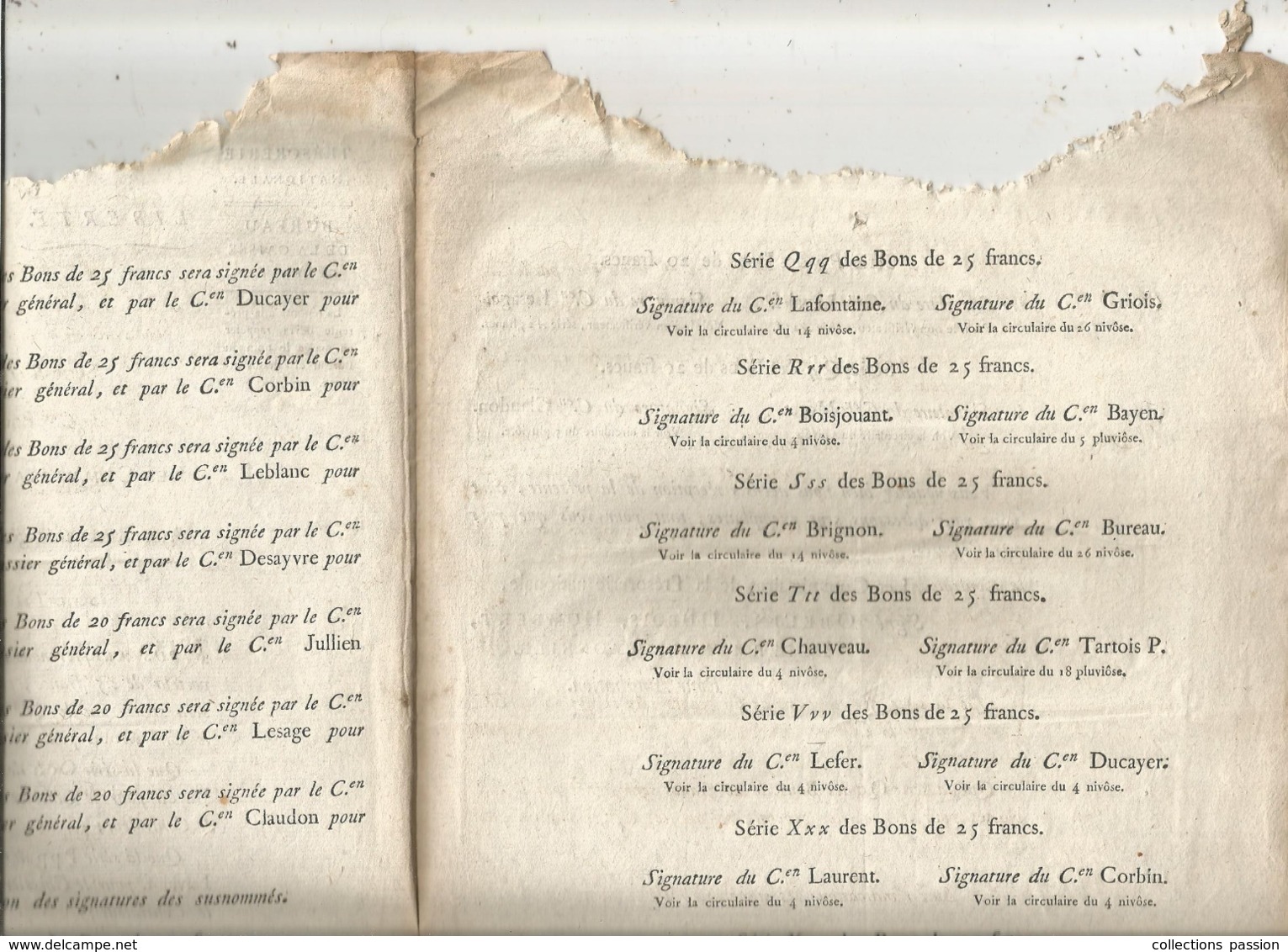 JC , Trésorerie Nationale, AN 7, 1798, Liste Des Signatures Des Bons Au Porteur De 20 Et 25 Francs , Frais Fr 1.95 E - Gesetze & Erlasse